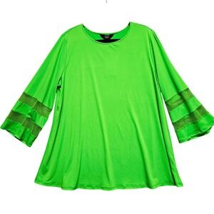 Slim Factor Emma Top Women XL Green Mesh Stripe Bell Sleeve Blouse